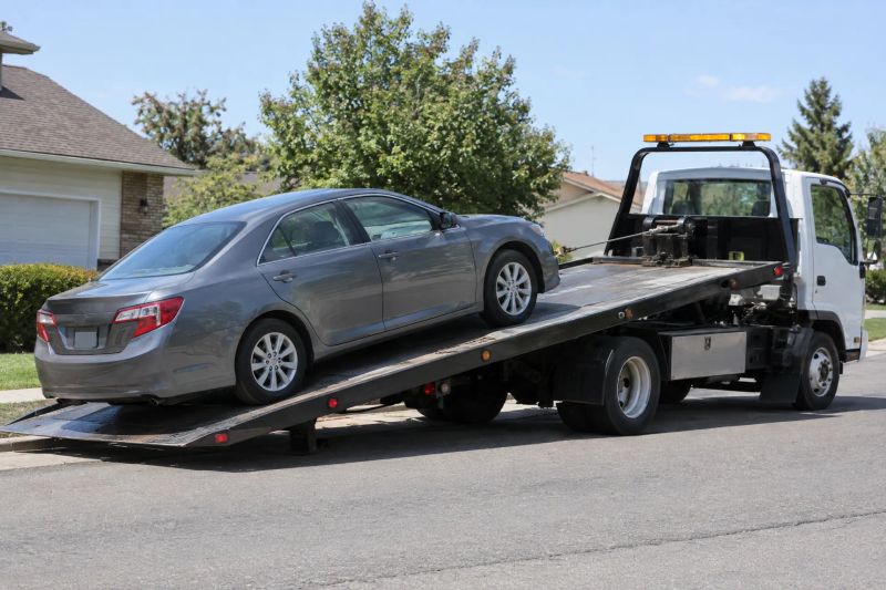 Flatbed tow truck transporting a specialty vehicle