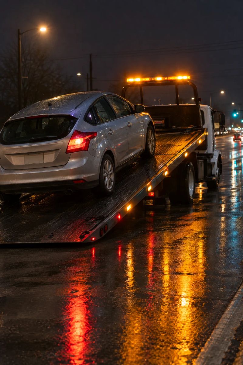 Towing technician changing a tire beside a Denver roadway