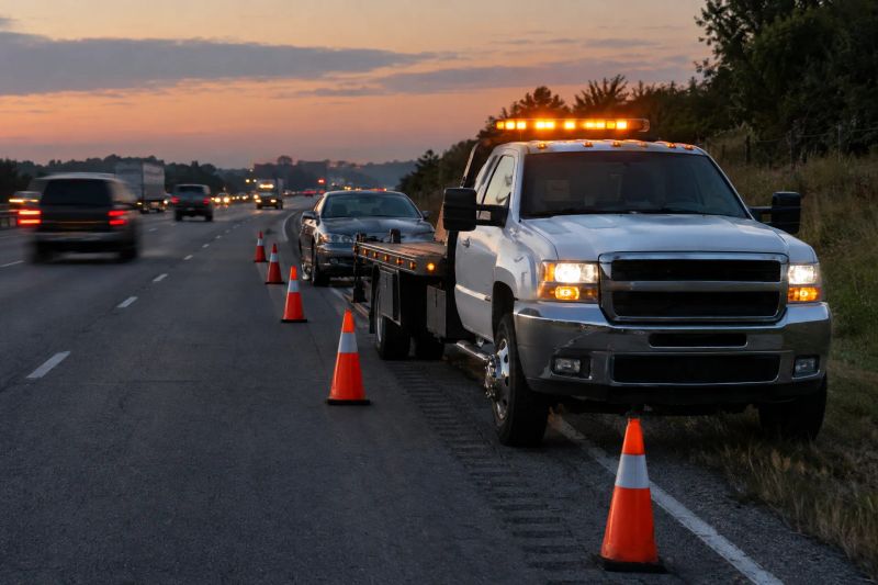 Sagacity Towing truck on a Denver highway at sunrise