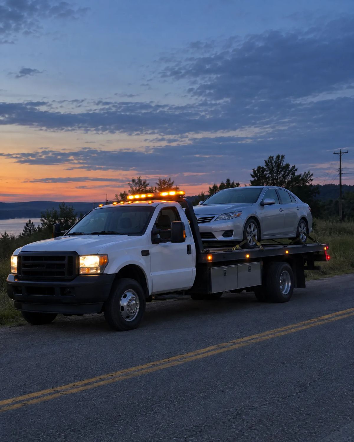 Sagacity Towing operator changing a flat tire beside a vehicle in Denver