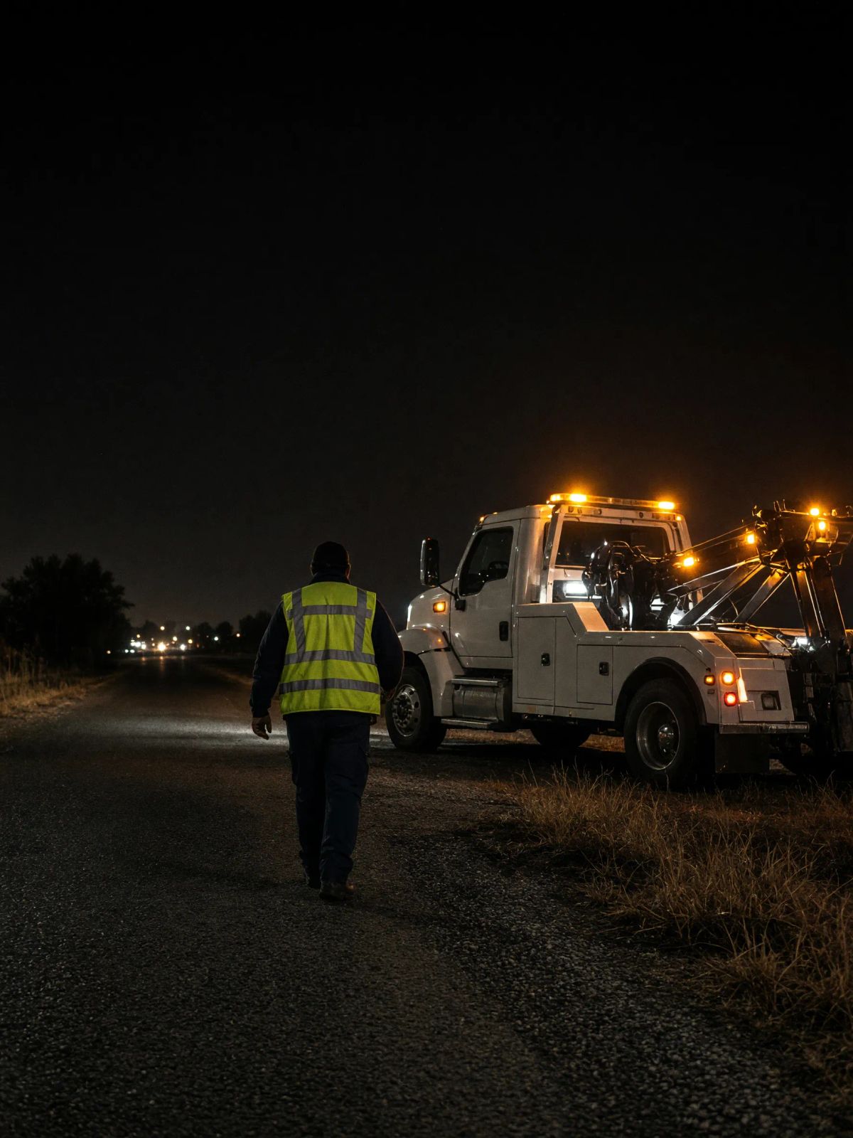 Sagacity Towing truck assisting a stranded vehicle on a Denver street at night