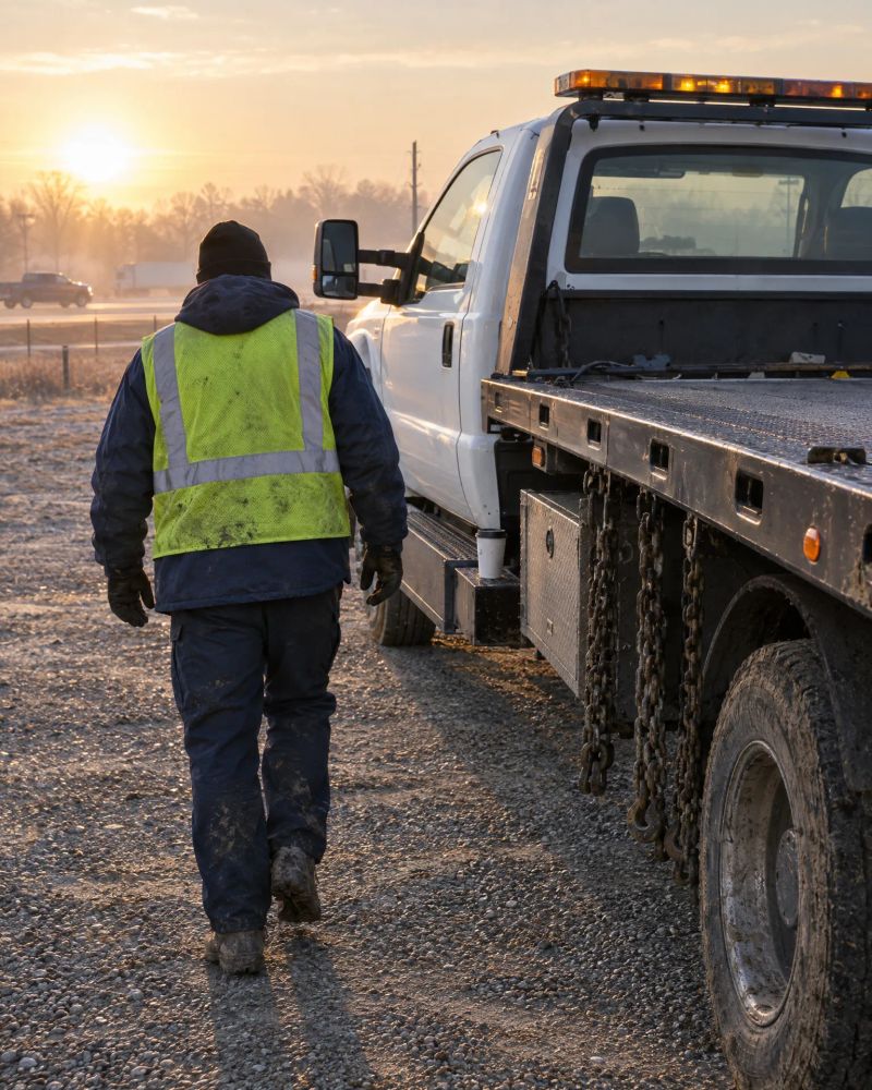Vehicle recovery with a tow truck near Denver at dusk