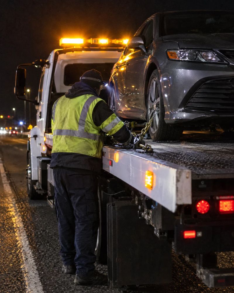 Sagacity Towing operator securing a vehicle for transport in Denver